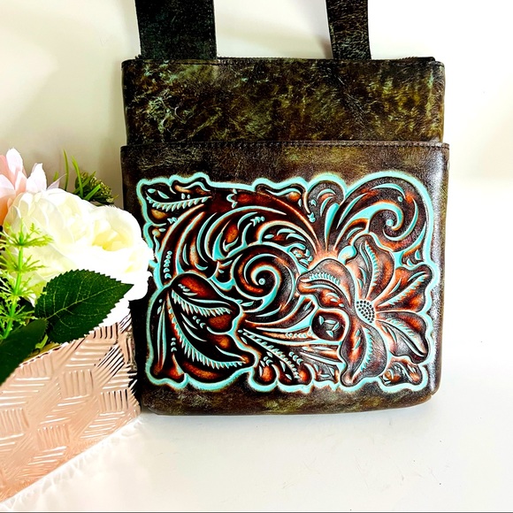 Patricia Nash Crossbody Bag Tooled Turquoise Stipes Sling Crossbody Bag - Picture 2 of 16